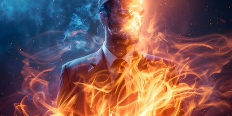 Stressed businessman in suit with burntout body symbolizing wor. Concept Business Stress, Burnout, Mental Health, Work-Life Balance, Business Lifestyle