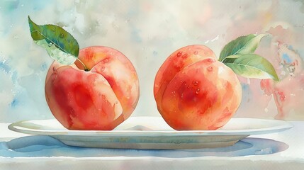 Watercolor painting of two ripe peaches on a plate with a colorful background, showcasing a vibrant and fresh summer feel.