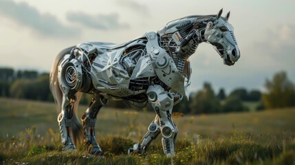 Animal robot horse with savanna background, generated AI.