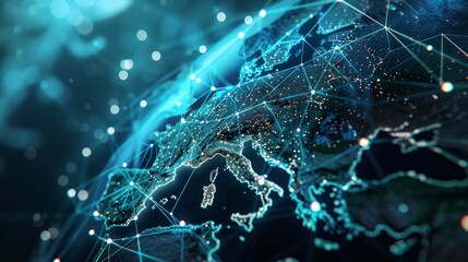 Europe is connected through communication technology to the global internet network. European connection lines for data transfer and communication. IoT, business, money, and security - Generative AI