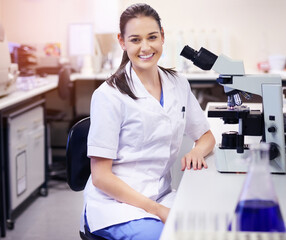Woman, scientist and happy portrait in laboratory for medical research, clinical trial and...