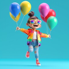 Joyous 3D female character with rainbow-colored balloons, celebrating diversity