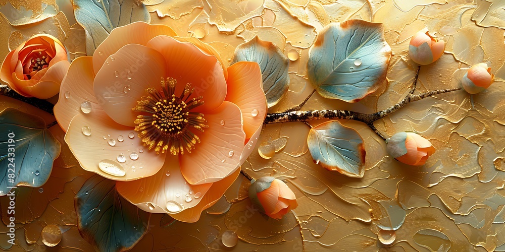 Sticker beautiful flowers on a golden background. 3d painting, oil painting style.