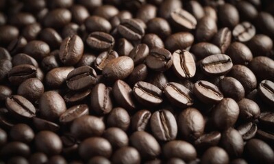 Fototapeta premium Close-Up View of Roasted Coffee Beans in Rich Detail. Coffee background