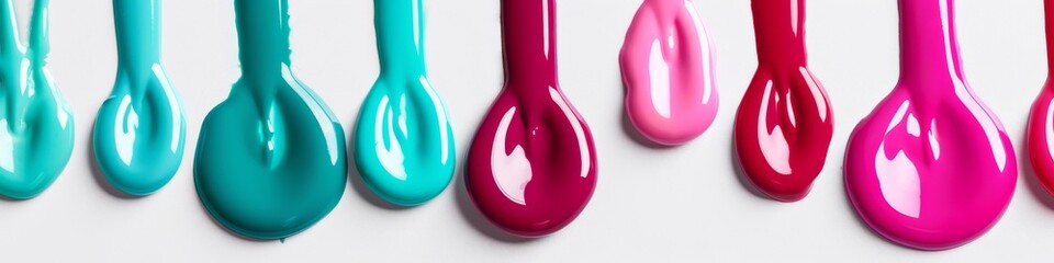 Vibrant Streaks of Glossy Nail Polish in Shades of Pink, Magenta, and Teal on a Textured White Background