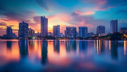 Obraz premium Sunset over the lake with skyscrapers in Bangkok, Thailand