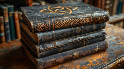 vintage celtic-inspired wooden table adorned with knot engravings, accompanied by antique books for a classic design aesthetic