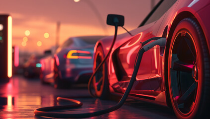 Black electric cars charging at an energy station with a sunset background