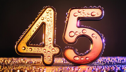 Abstract number forty five, futuristic glossy 45 symbol, water droplets. Neon colors. 3D rendering