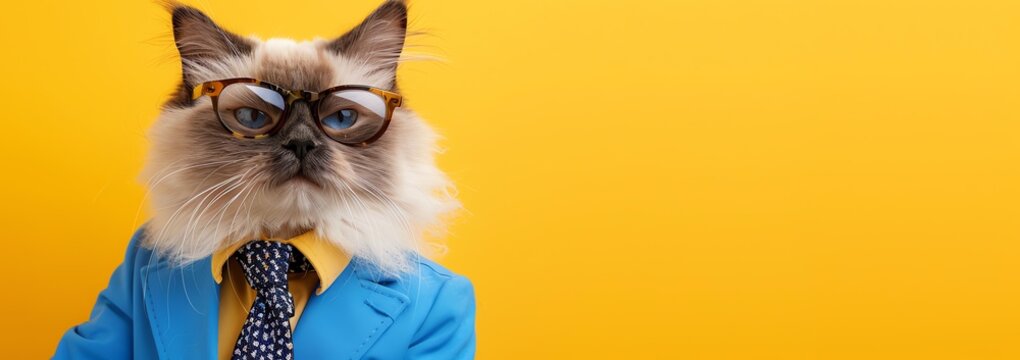 A funny quirky banner illustration, of a Ragdoll cat wearing a blue suit and  tie, glasses, looking like a grumpy school headmaster, yellow background, copy space for text