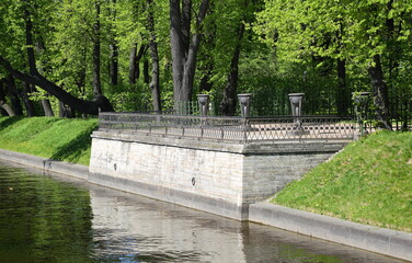 The shore of the Summer Garden from the side of the Swan Groove, Summer Garden, St. Petersburg, Russia, May 21, 2024