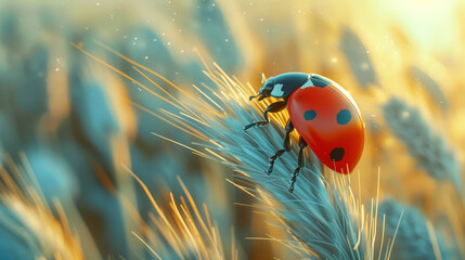 Red ladybug on a wheat stalk close up.