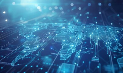 Obraz premium A blue background with a digital world map and global network, a technology illustration, light white and sky blue technological elements, light gray Generative AI