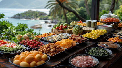 A luxury breakfast spread at an outdoor terrace overlooking the Mediterranean