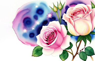 Beautiful rose flowers with leaves on a white background. Watercolor drawing