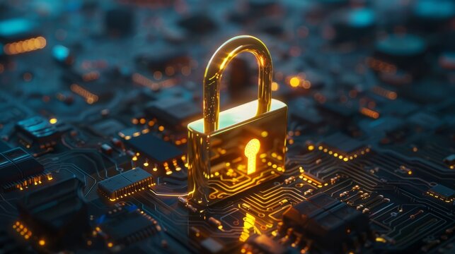 Golden padlock with integrated electronic circuits, password security technology for fraud prevention and confidential data network