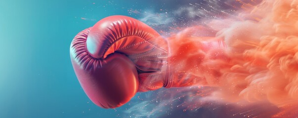 Red boxing gloves in motion, flying through pastel-colored background