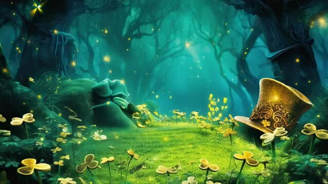 Magical forest scene with glowing clovers and a golden top hat, evoking a sense of mystery and enchantment. Abstract holiday background for St. Patrick's Day. Irish Culture and Traditions