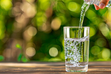 Pouring water into glass on wooden table and outdoors and green background. Copy space