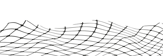 Illustration of a black fishing or football net.Checkered wavy background in doodle style.