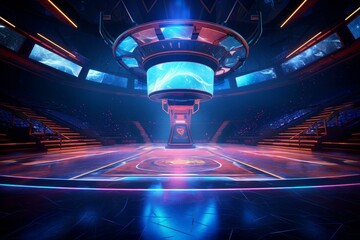 Modern sci-fi command room with a central holographic interface and ambient lighting