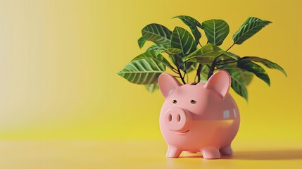Obraz premium A 3D render of a piggy bank with leaves growing out of it, combining the concepts of saving and sustainability, against a plain solid background with copy space