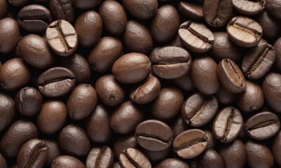 Naklejka premium Close-Up View of Roasted Coffee Beans in Rich Detail. Coffee background