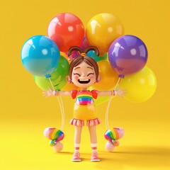 Joyous 3D female character with rainbow-colored balloons, celebrating diversity