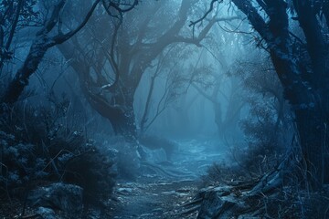 Eerie misty forest at night: enchanting haunted woodland with desolate woods and trail. Dreary scenery in enigmatic fairy story realm. Idea of imagination, wilderness, fear, signage, haze