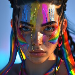 Empowered 3D female character with rainbow face paint and pride flag