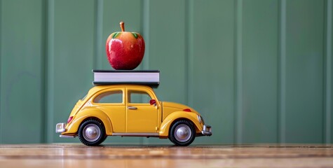 Yellow toy car with stacked books and an apple against a green backdrop