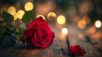 Red roses on a wooden table with bokeh lights in the background ,Red roses on a wooden table with bokeh lights in the background