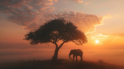 Lonely elephant near a tree in the savanna.