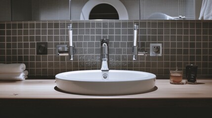 Fototapeta premium round mirror in the composition to contextualize the sink and countertop. generative ai