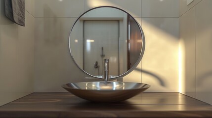 round mirror in the composition to contextualize the sink and countertop. generative ai