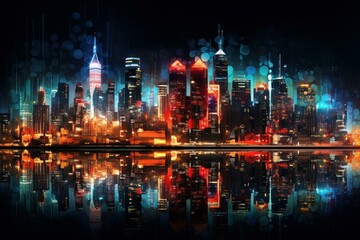 Digital artwork of a vibrant, futuristic cityscape with illuminated buildings and a glossy water reflection