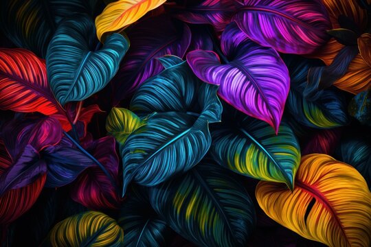 Lush and vibrant tropical leaves background with colorful and intricate foliage, creating a vivid and wild artistic nature-inspired pattern