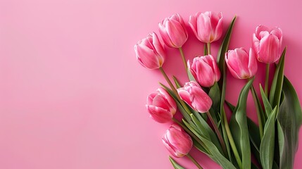 Obraz premium Floral border of tulip and rose flowers on pink background ,Bouquet of pink tulips on a pink background ,Floral border of tulip and rose flowers on pink background