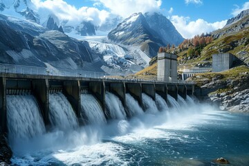 Fototapeta premium Hydroelectric Dam with Water Cascading Down - Mountainous Landscape