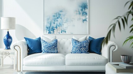 white sofa with blue cushions to contextualize the decoration pieces. generative ai