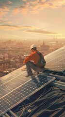 A worker wearing a hard hat and backpack sits on solar panels, looking at the cityscape during golden hour.