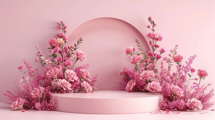 Natural beauty podium backdrop with spring rose flower field scene ,pink podium with floral arch on pink background, Peonies on Pastel Podiums