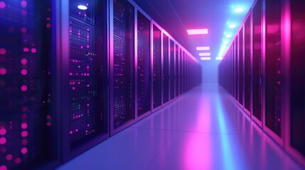 Abstract background of a data center with blurred code lines and lights, depicted