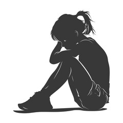 Fototapeta premium Silhouette sad little girl sitting alone depressed sitting black color only