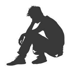 Silhouette sad man sitting alone depressed sitting black color only