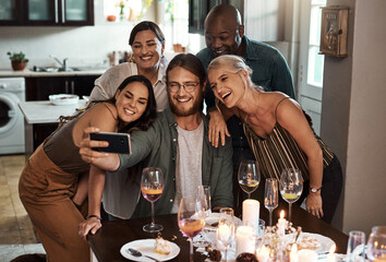 Group, friends and phone for selfie celebration together, dinner party and bonding at social...