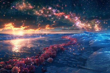 Romantic Seascape with Stars at Night, Roses on the Beach, Wallpaper Concept