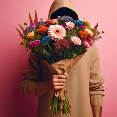 Crop anonymous person demonstrating bunch of colorful flowers against pink background.