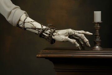 Conceptual image of a skeleton hand with chains reaching towards a candle on a wooden table
