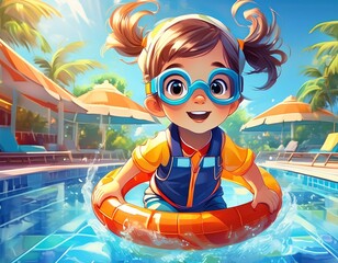 Naklejka premium Little girl jumping into a pool. Colorful illustration of a child having fun.